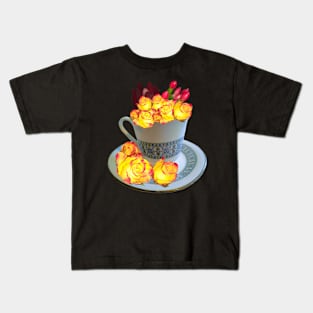 Flowers Neon roses dark - floral bouquet in fine china tea cup with saucer,  yellow roses with red tips Kids T-Shirt